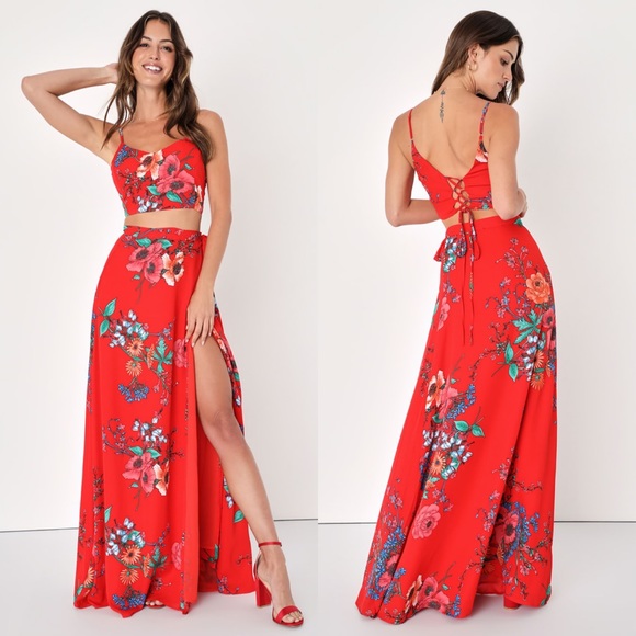 Lulus Dresses & Skirts - Lulu's Bloom With a View Red Floral Print Two-Piece Maxi Dress